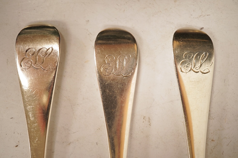 A matched set of seven Queen Anne silver Hanoverian pattern dessert spoons, maker's mark rubbed, five London, 1708, 17.5cm, together with seven other silver base mark Hanoverian pattern dessert spoons, various dates and